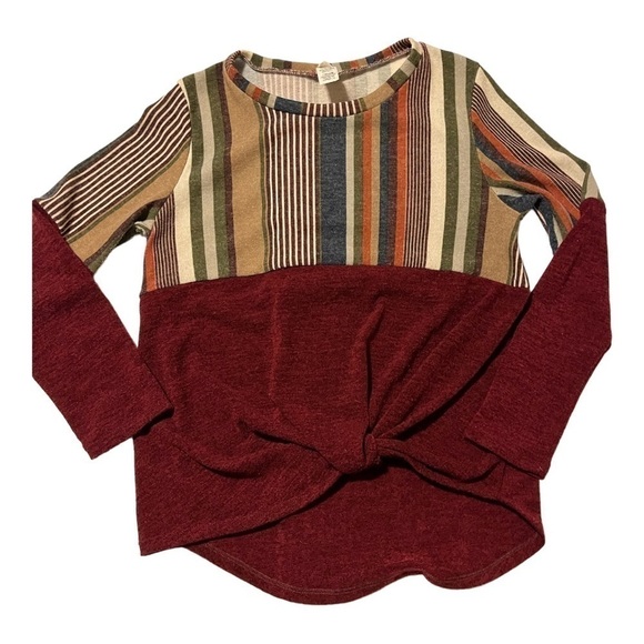 Crew neck sweater multi strip/solid with knot front. - Picture 1 of 8